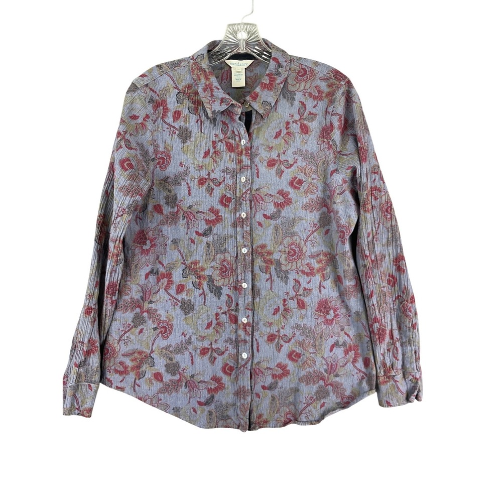 Sundance‎ Floral Button Down Shirt Womens Medium Blue Red Cotton Crinkle Boho
